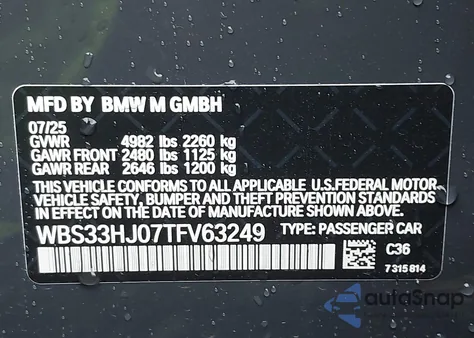 2026 BMW M3 Competition xDrive from USA, damaged, VIN WBS33HJ07TFV63249